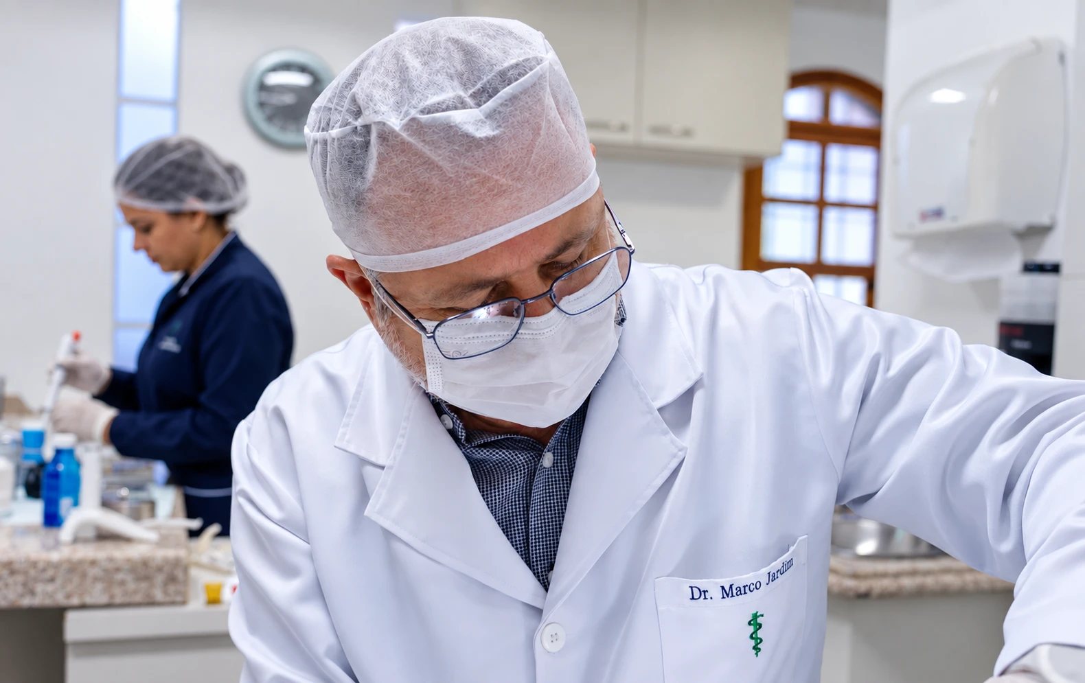 Dr. Marco Jardim e sua assistente em atendimento no consultório do Sion